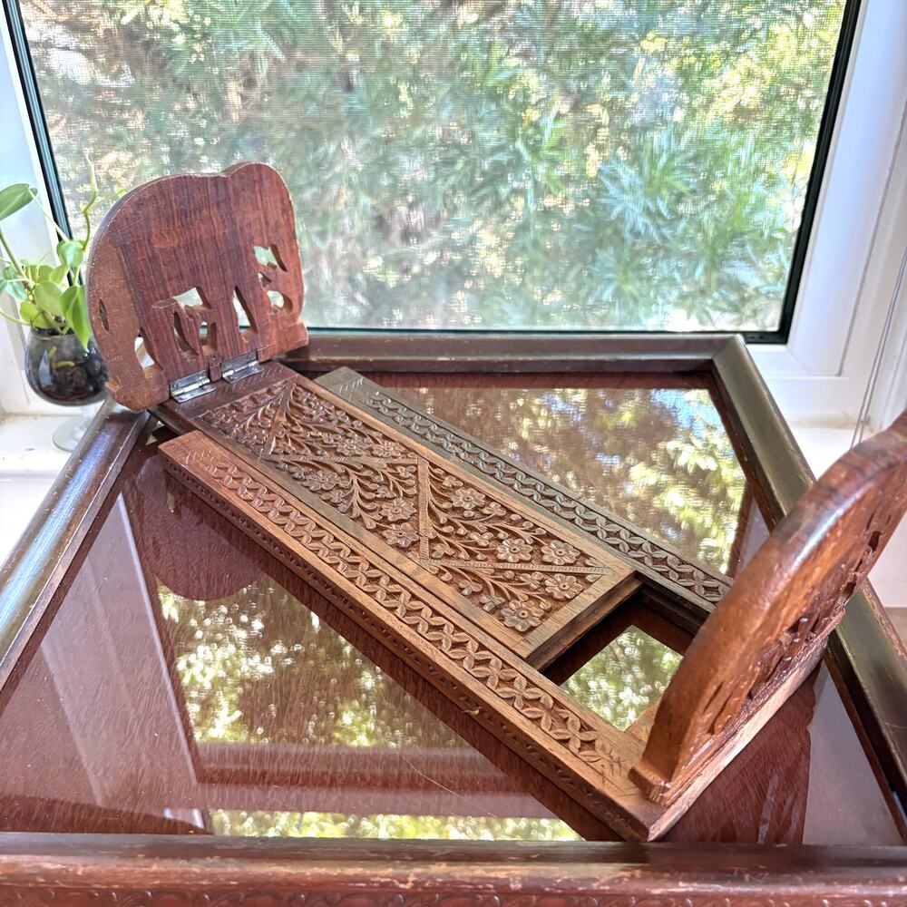 Vintage Carved Wood Expandable Book Holder Elephant Book Rack